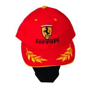 Red Ferrari Embroidered Baseball Cap Hat Gold Emblems Adjustable Hook & Loop